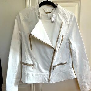 White House Black Market White Stretch Moto Jacket Brass Hardware NWT Size 14